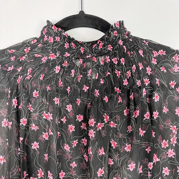 Elizabeth & James Floral Sheer Smocked Top XSmall Black Pink Long Sleeve Blouse - Picture 9 of 12